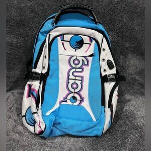 Discontinued Bang Energy Drink utility backpack blue and white travel bag